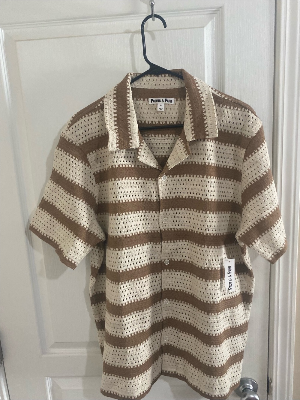 Beige and Brown Striped Knit Short-Sleeve Shirt